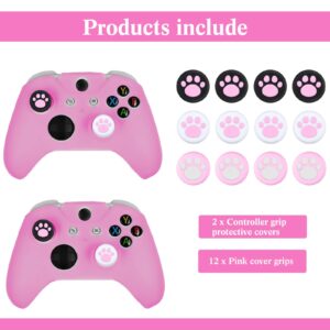 Chalyna 14 Pcs Controller Skins Anti-Slip Accessories Set Silicone Cover Protector Case Compatible with Xbox One/S/X Controller Wireless/Wired Gamepad Joystick with 12 Cat Paw Thumb Grips (Pink)