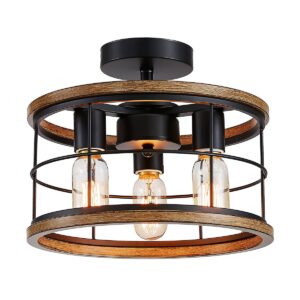 looyd semi flush mount ceiling light fixture vintage ceiling light farmhouse ceiling light metal cage ceiling lamp for kitchen dining room hallwa bedroom living room (wood grain)