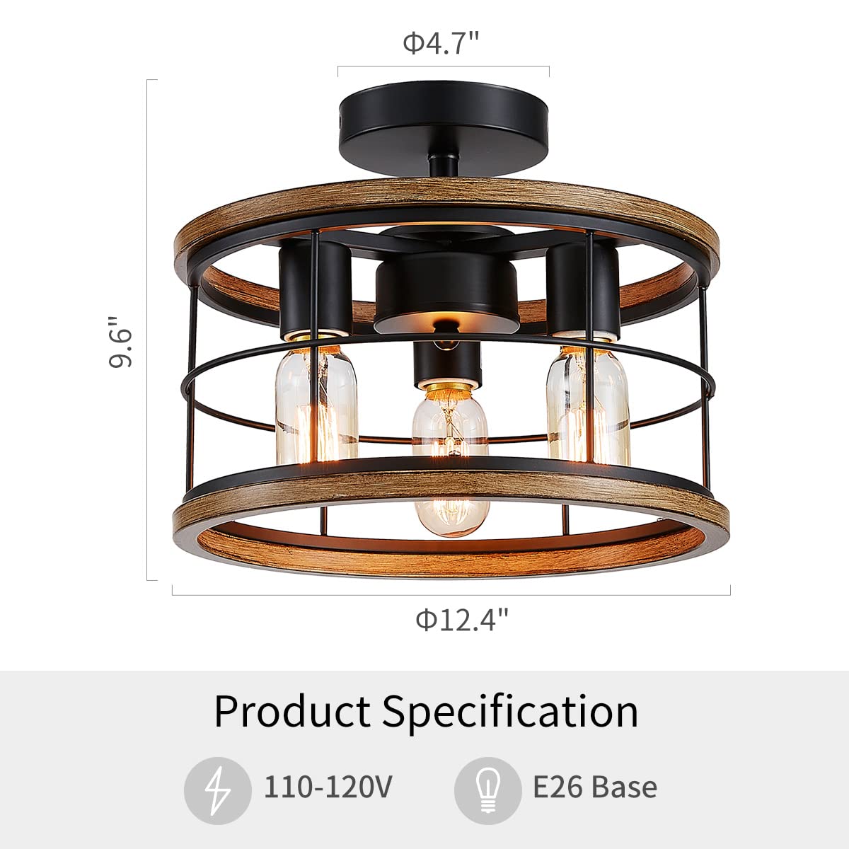 LOOYD Semi Flush Mount Ceiling Light Fixture Vintage Ceiling Light Farmhouse Ceiling Light Metal Cage Ceiling Lamp for Kitchen Dining Room Hallwa Bedroom Living Room (Wood Grain)