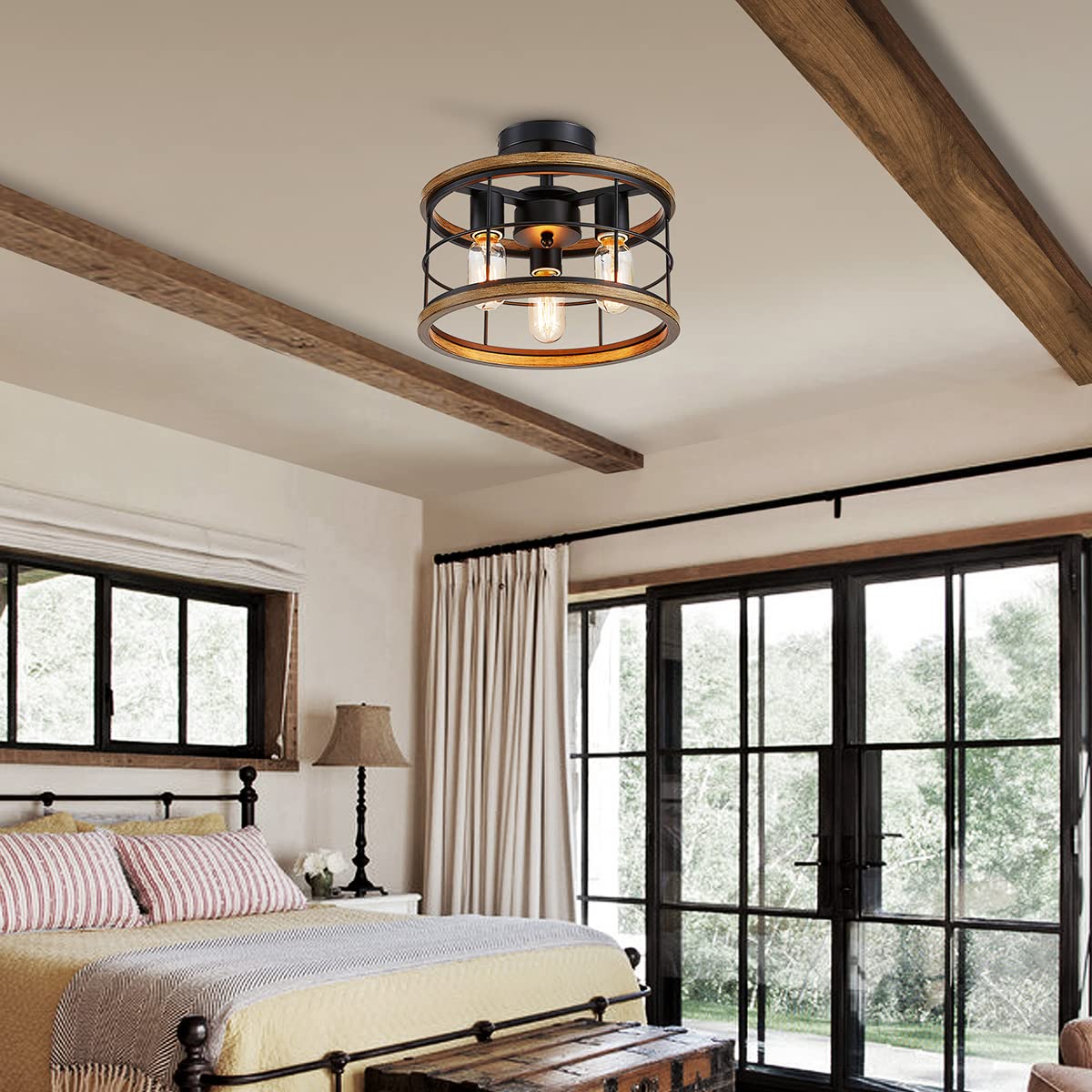 LOOYD Semi Flush Mount Ceiling Light Fixture Vintage Ceiling Light Farmhouse Ceiling Light Metal Cage Ceiling Lamp for Kitchen Dining Room Hallwa Bedroom Living Room (Wood Grain)