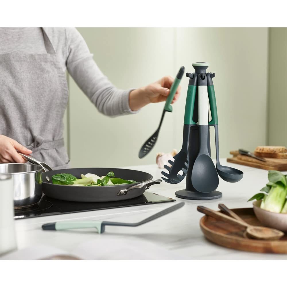 Joseph Joseph Elevate - Kitchen tools & gadgets Carousel 6-Piece Utensil Set with rotating stand, Ergonomic silicone handles, non stick head- Sage Green