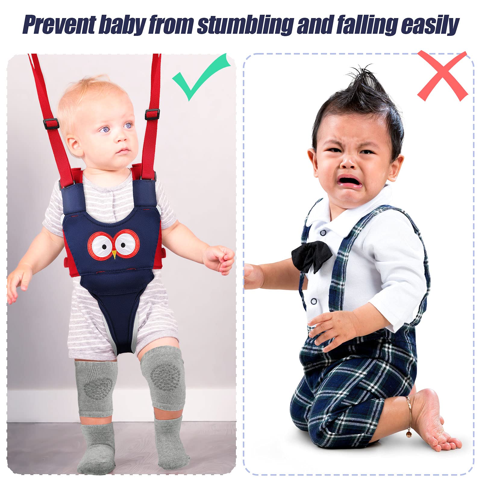 Panitay Handheld Baby Walking Harness Adjustable Toddler Walking Assistant Baby Walker Assistant Belt with 4 Pairs Baby Crawling Anti-Slip Knee 4 Pairs Non Slip Toddler Socks Grips, 7-24 Months Old