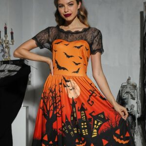 Spadehill Women Halloween Swing Party Costume Vintage Lace Sleeves Pumpkin Bat Witch Dress Pumpkin Castle Orange S