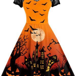 Spadehill Women Halloween Swing Party Costume Vintage Lace Sleeves Pumpkin Bat Witch Dress Pumpkin Castle Orange S