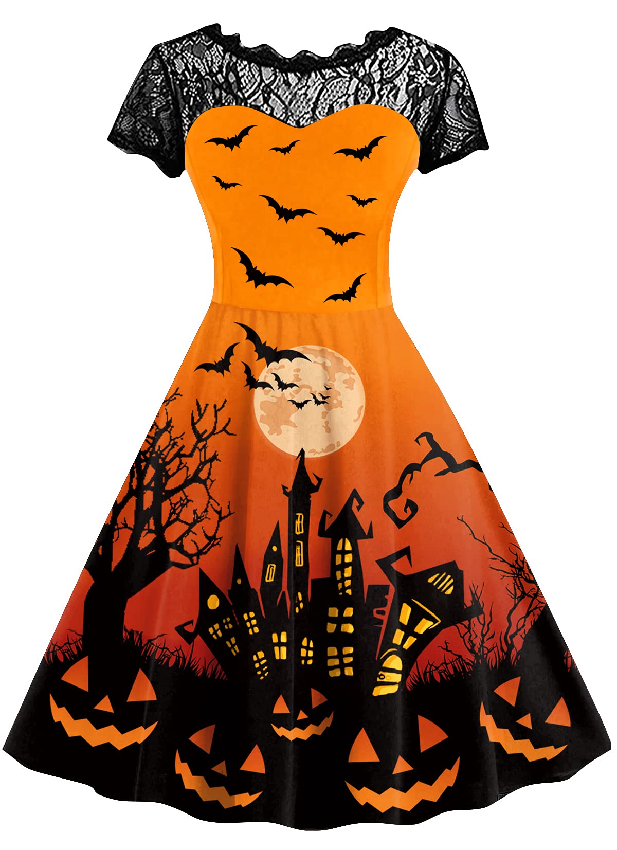 Spadehill Women Halloween Swing Party Costume Vintage Lace Sleeves Pumpkin Bat Witch Dress Pumpkin Castle Orange S