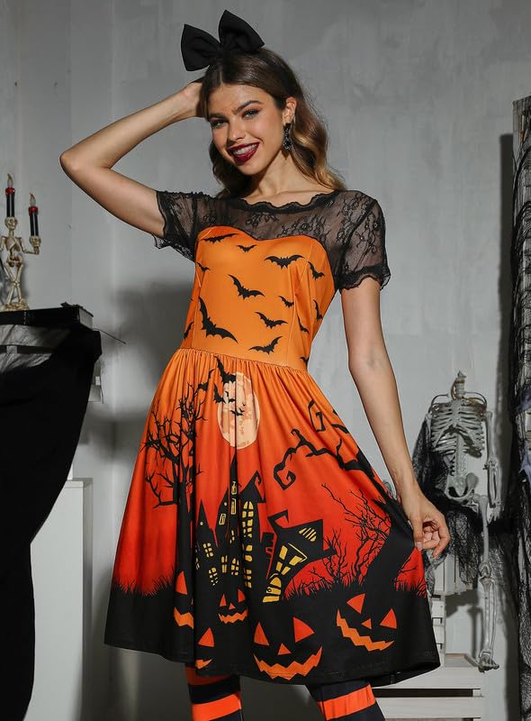 Spadehill Women Halloween Swing Party Costume Vintage Lace Sleeves Pumpkin Bat Witch Dress Pumpkin Castle Orange S