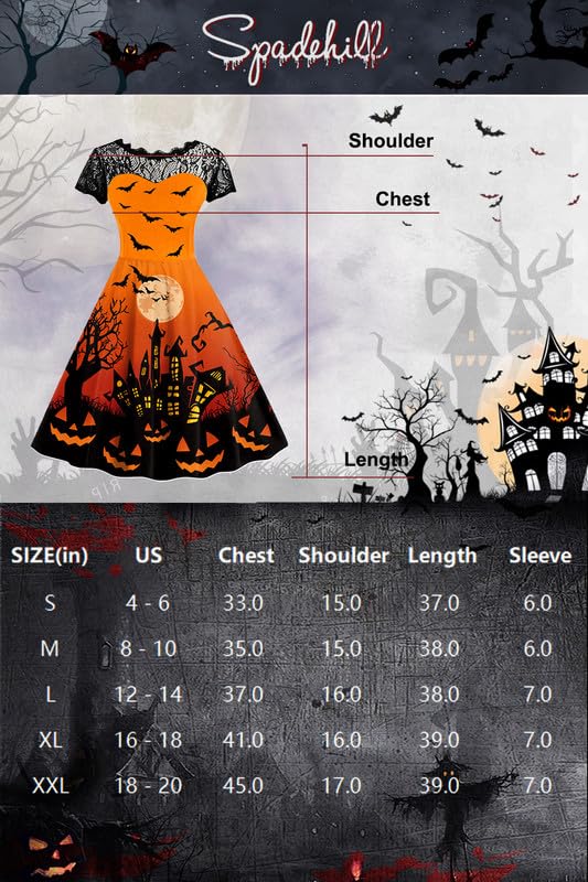 Spadehill Women Halloween Swing Party Costume Vintage Lace Sleeves Pumpkin Bat Witch Dress Pumpkin Castle Orange S