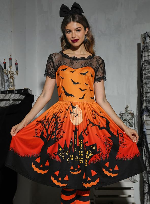 Spadehill Women Halloween Swing Party Costume Vintage Lace Sleeves Pumpkin Bat Witch Dress Pumpkin Castle Orange S