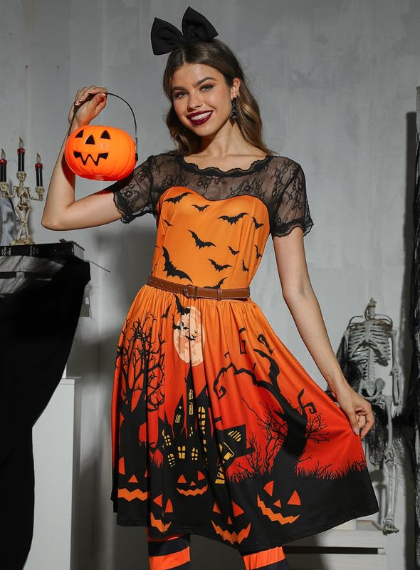 Spadehill Women Halloween Swing Party Costume Vintage Lace Sleeves Pumpkin Bat Witch Dress Pumpkin Castle Orange S