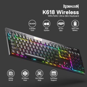 Redragon K618 PRO 3-Mode Wireless RGB Mechanical Keyboard, BT/2.4Ghz/Wired Low Profile Win/Mac Gaming Keyboard w/Ultra-Thin Design, Dedicated Media Control & Linear Red Switch