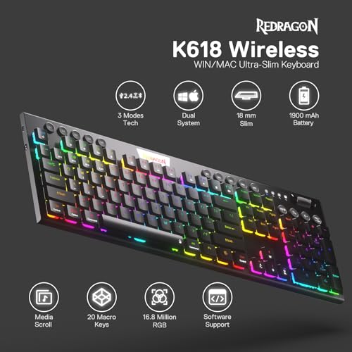 Redragon K618 PRO 3-Mode Wireless RGB Mechanical Keyboard, BT/2.4Ghz/Wired Low Profile Win/Mac Gaming Keyboard w/Ultra-Thin Design, Dedicated Media Control & Linear Red Switch