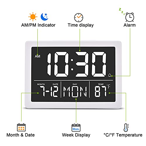 Amgico Digital Alarm Clock with Snooze, Small Clock/Table Clock, 6.3" LED Digital Calendar, 12/24H, Adjustable Brightness/Volume, Desk Clock for Bedroom, Living Room, Office - White