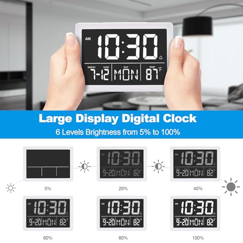 Amgico Digital Alarm Clock with Snooze, Small Clock/Table Clock, 6.3" LED Digital Calendar, 12/24H, Adjustable Brightness/Volume, Desk Clock for Bedroom, Living Room, Office - White