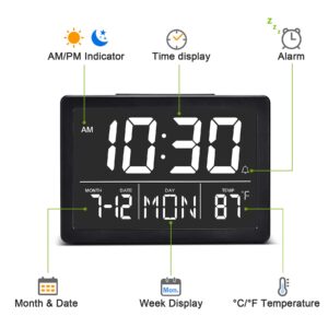 Amgico Digital Alarm Clock with Snooze, Small Clock/Table Clock, 6.3" LED Digital Calendar, 12/24H, Adjustable Brightness/Volume, Desk Clock for Bedroom, Living Room, Office - Black