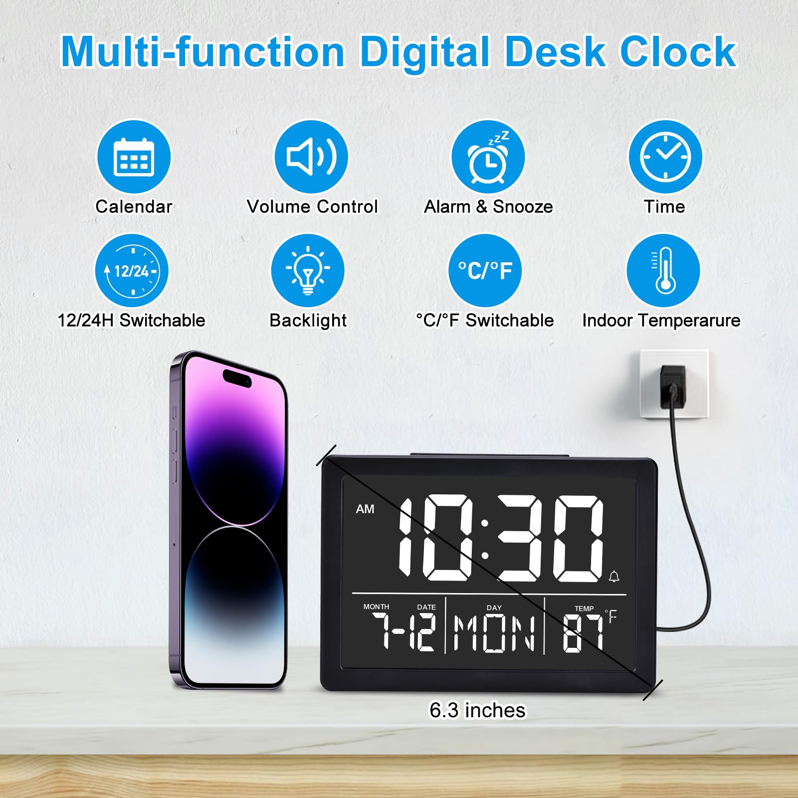 Amgico Digital Alarm Clock with Snooze, Small Clock/Table Clock, 6.3" LED Digital Calendar, 12/24H, Adjustable Brightness/Volume, Desk Clock for Bedroom, Living Room, Office - Black