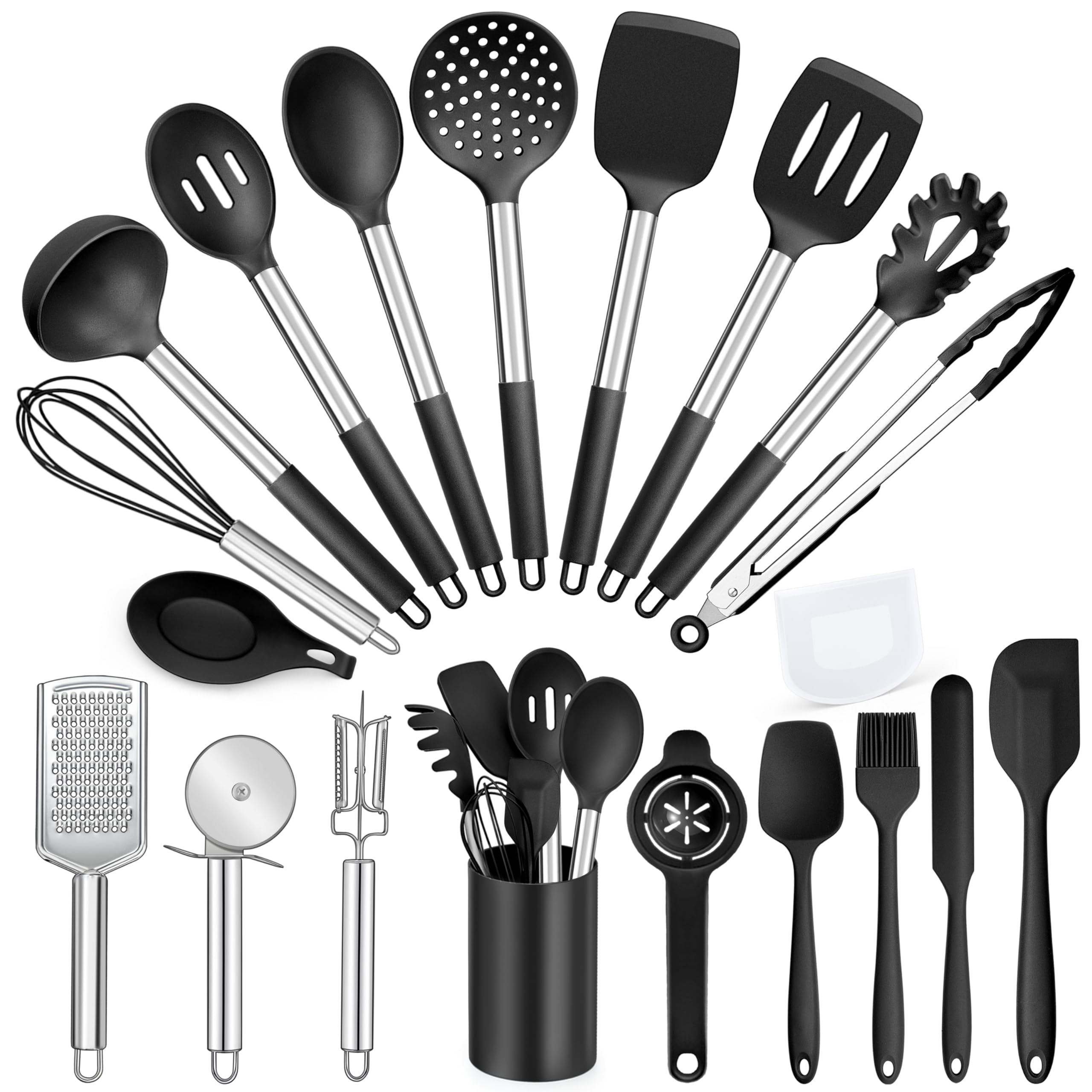 P&P CHEF Kitchen Utensils Set (20Pcs), Black Cooking Utensil Kit Heat-proof Silicone Cookware with Stainless Steel Handles, Non-stick & Non-toxic, Heavy Duty & Dishwasher Safe