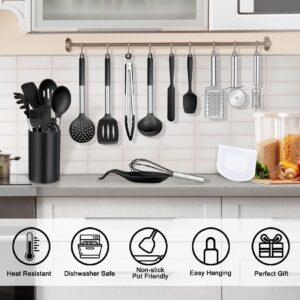 P&P CHEF Kitchen Utensils Set (20Pcs), Black Cooking Utensil Kit Heat-proof Silicone Cookware with Stainless Steel Handles, Non-stick & Non-toxic, Heavy Duty & Dishwasher Safe