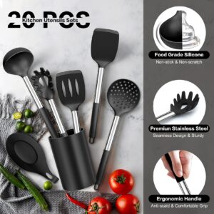 P&P CHEF Kitchen Utensils Set (20Pcs), Black Cooking Utensil Kit Heat-proof Silicone Cookware with Stainless Steel Handles, Non-stick & Non-toxic, Heavy Duty & Dishwasher Safe