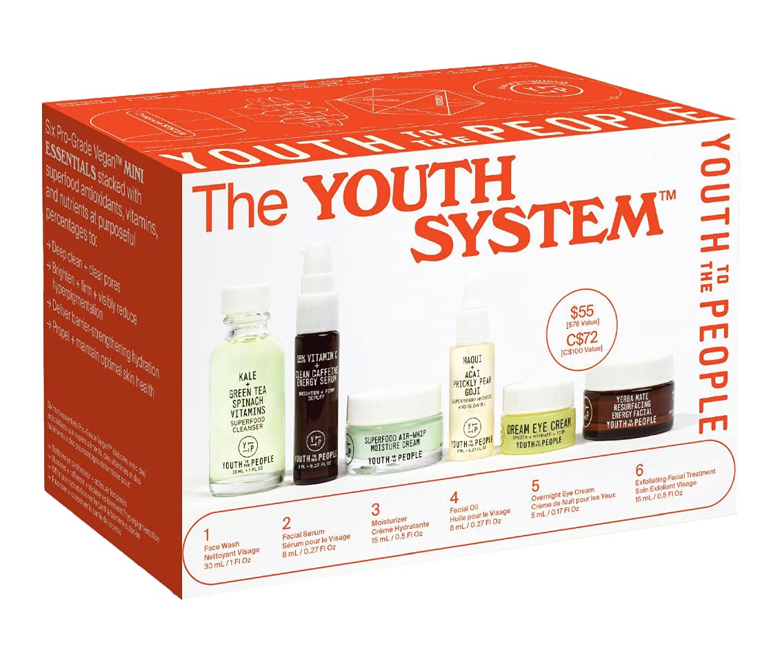 Youth To The People The Youth System - 6 Piece Set with Superfood Cleanser, Face Oil, Moisturizer, Vitamin C Serum, Eye Cream, Energy Facial - Vegan Skincare Kit