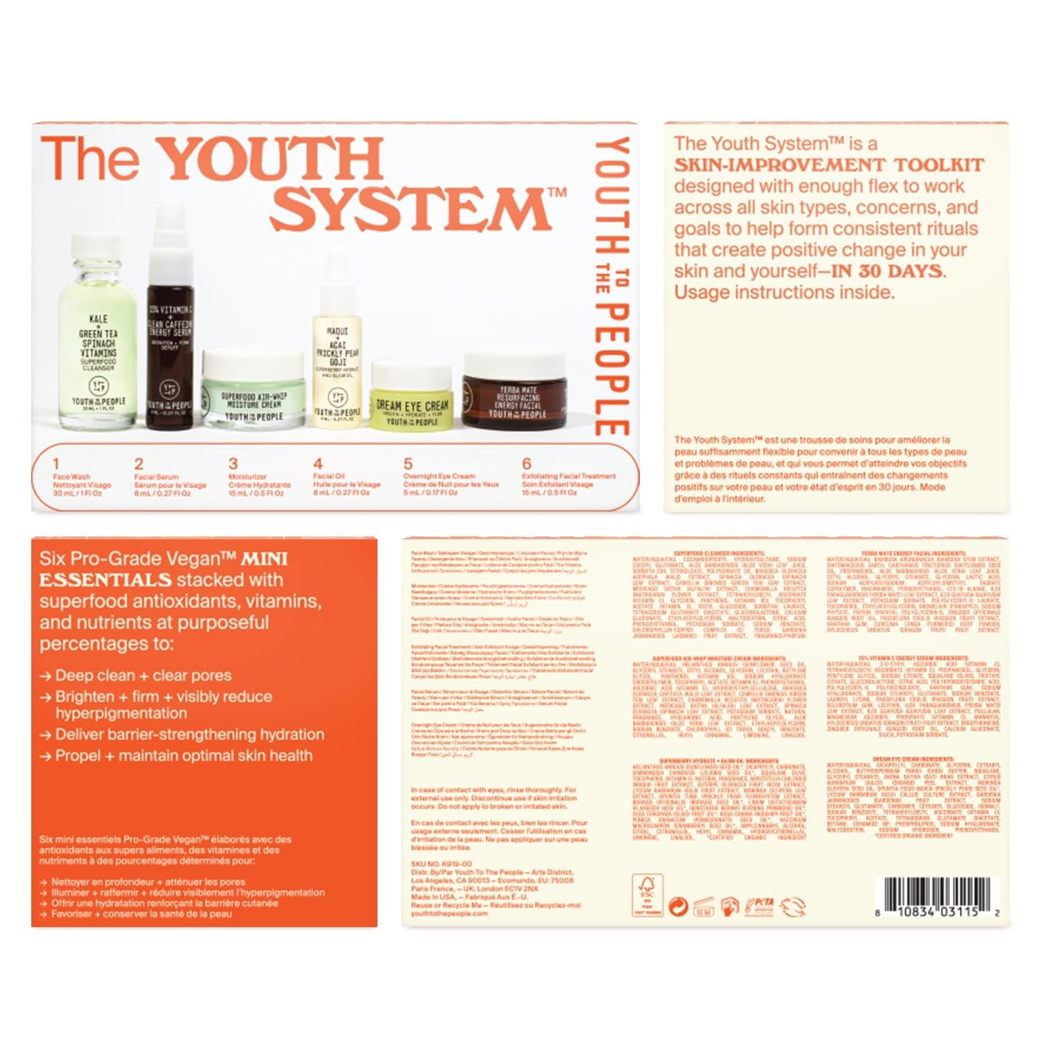 Youth To The People The Youth System - 6 Piece Set with Superfood Cleanser, Face Oil, Moisturizer, Vitamin C Serum, Eye Cream, Energy Facial - Vegan Skincare Kit