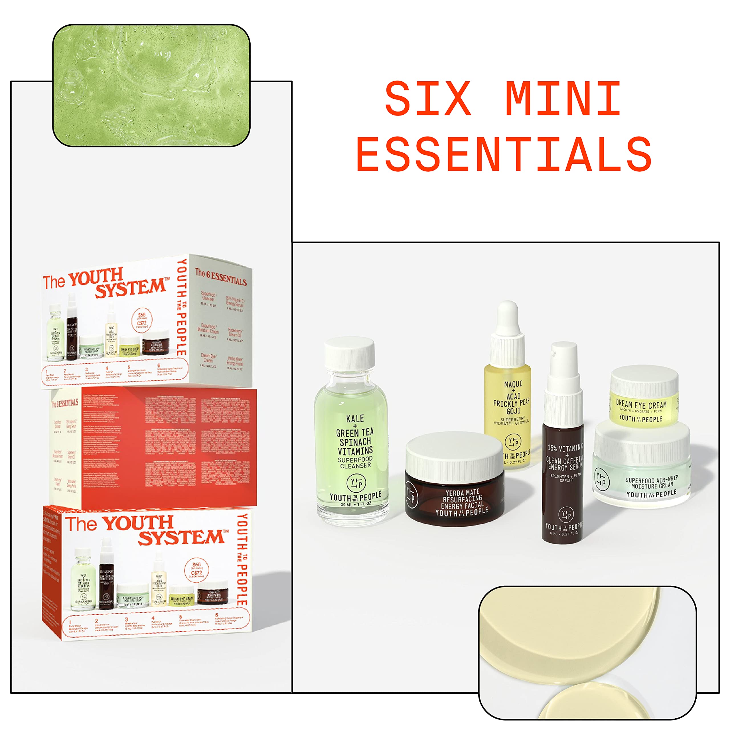 Youth To The People The Youth System - 6 Piece Set with Superfood Cleanser, Face Oil, Moisturizer, Vitamin C Serum, Eye Cream, Energy Facial - Vegan Skincare Kit