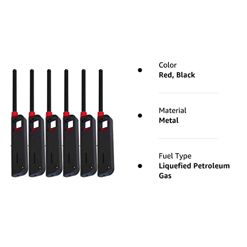 6 Pack - Vezee Fuel Included Handi BBQ Grill Click Flame Long Stem Lighter - Refillable Butane Gas Candle Fireplace Kitchen Stove Wind Resistant, Red