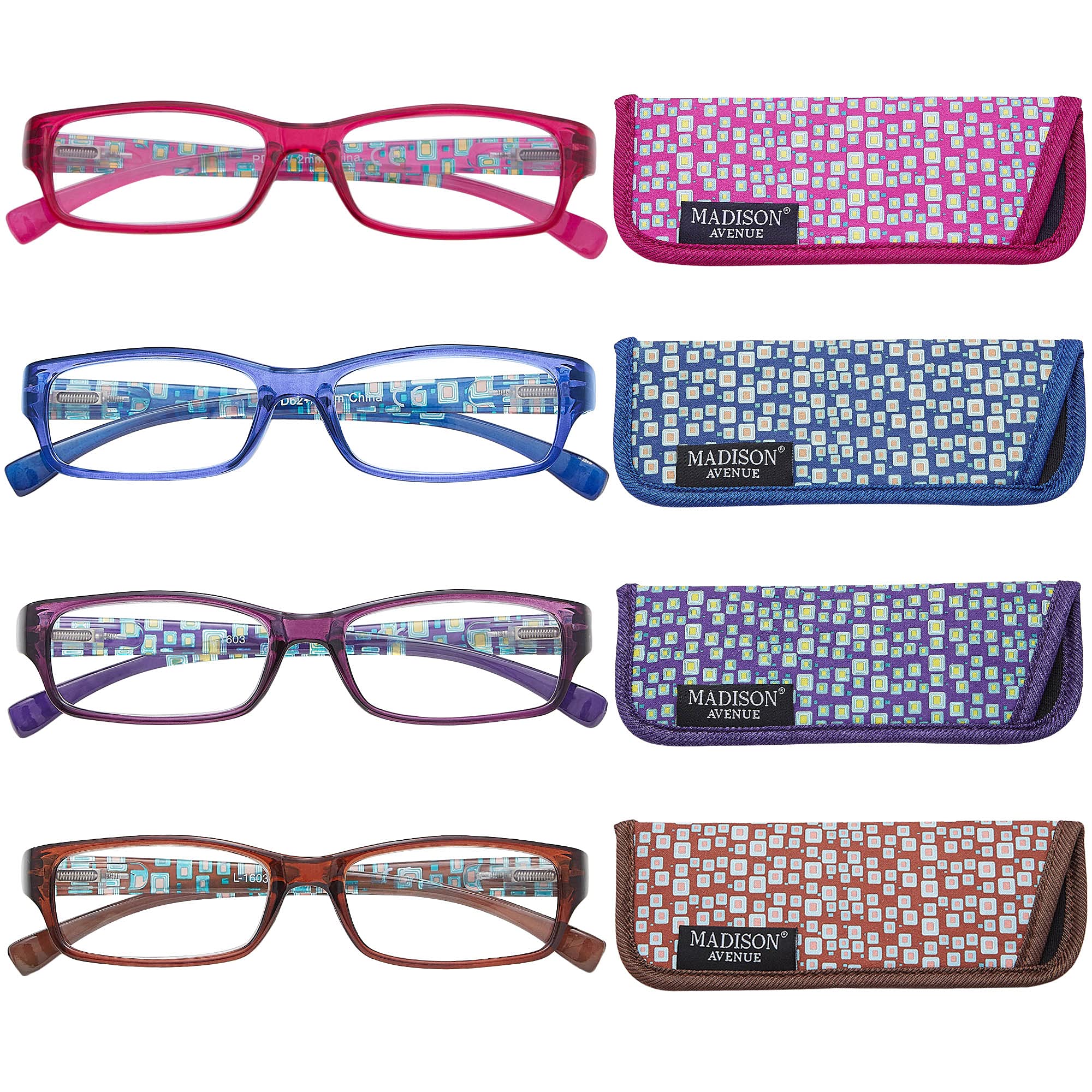 Madison Avenue 4 Pack Multicolor Blue Light Blocking Reading Glasses for Women Spring Hinge +1.5