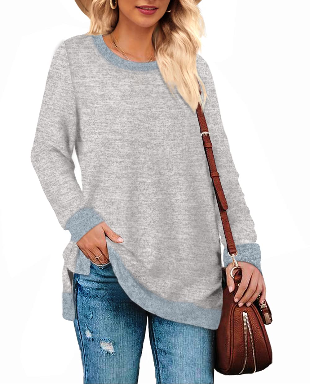 Fall Sweaters for Women Trendy Long Sleeve Tunic Tops for Leggings Grey X-Large