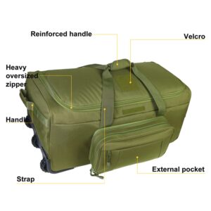 Greencity Duffel Bag Wheels Rolling Deployment Wheeled Military Suitcase Heavy-Duty Extra large deployment bag Capacity 32 Inch，Green