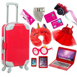 xfeyue 18 inch doll clothes and accessories - suitcase travel luggage play set, including doll clothes, sunglasses, camera, computer, mobile phone, unicorn pillow fit 18 inch girl doll