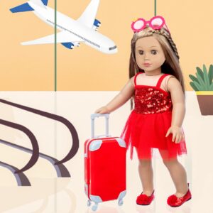 XFEYUE 18 inch Doll Clothes and Accessories - Suitcase Travel Luggage Play Set, Including Doll Clothes, Sunglasses, Camera, Computer, Mobile Phone, Unicorn Pillow Fit 18 inch Girl Doll