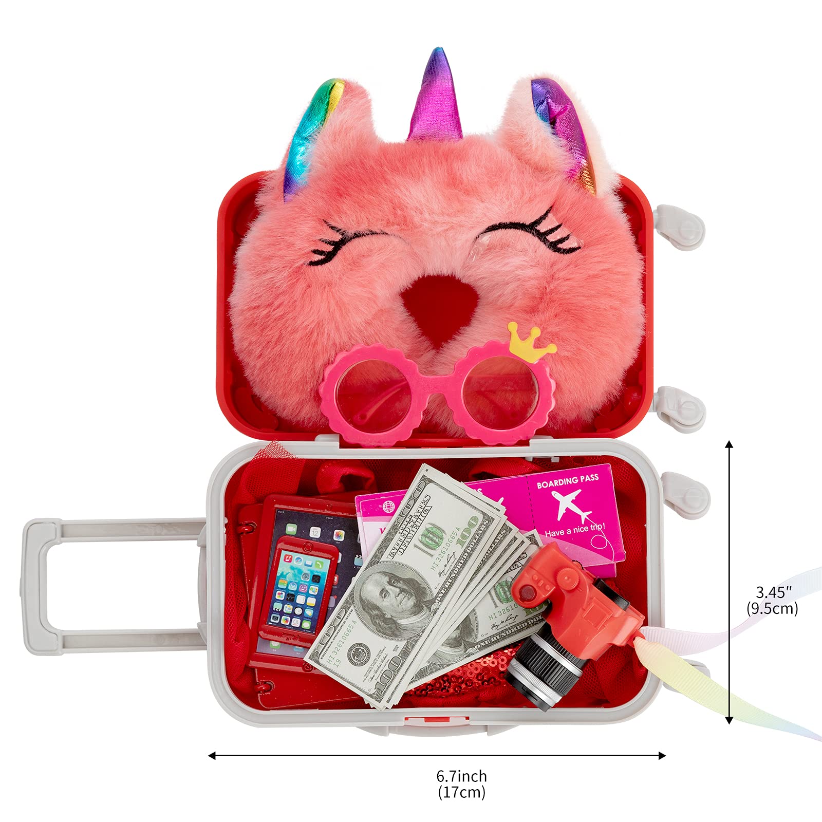 XFEYUE 18 inch Doll Clothes and Accessories - Suitcase Travel Luggage Play Set, Including Doll Clothes, Sunglasses, Camera, Computer, Mobile Phone, Unicorn Pillow Fit 18 inch Girl Doll