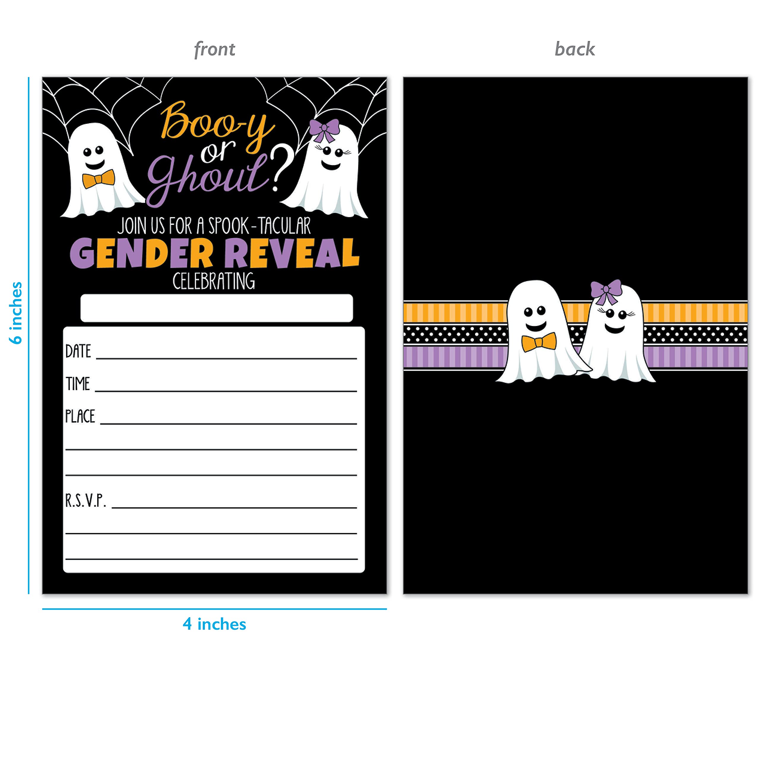 20 Ghost Ghoul or Boo-y Gender Reveal Invitations with Envelopes - Purple and Orange