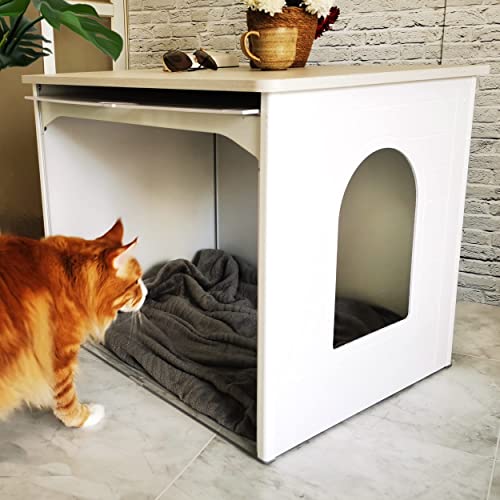 Palram Pets Tiger Large Cat Box Furniture for Large Cats, High Sided Litter Box Enclosure, Jumbo Pet House Enclosure, Easy to Clean, Hides litter robot, Side Table with Hidden Flip Up Door, White