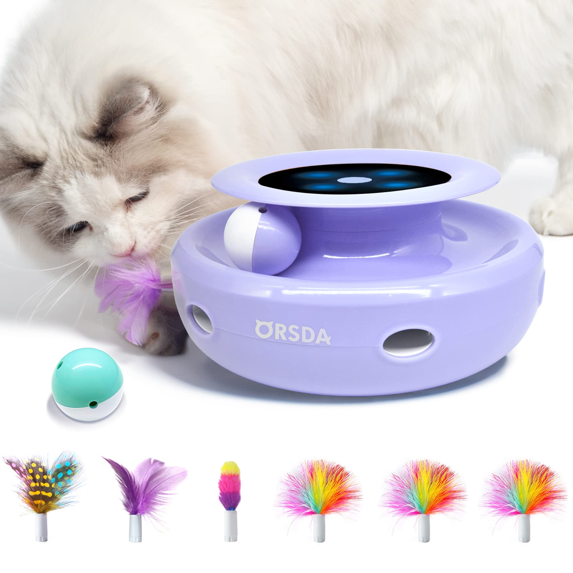 ORSDA Cat Toys, 2-in-1 Interactive Cat Toys for Indoor Cats, Automatic Cat Toy Balls, Mice Toys Ambush Feather Kitten Toys with 7pcs Attachments, Dual Power Supplies, Adjustable Speed, Auto On/Off