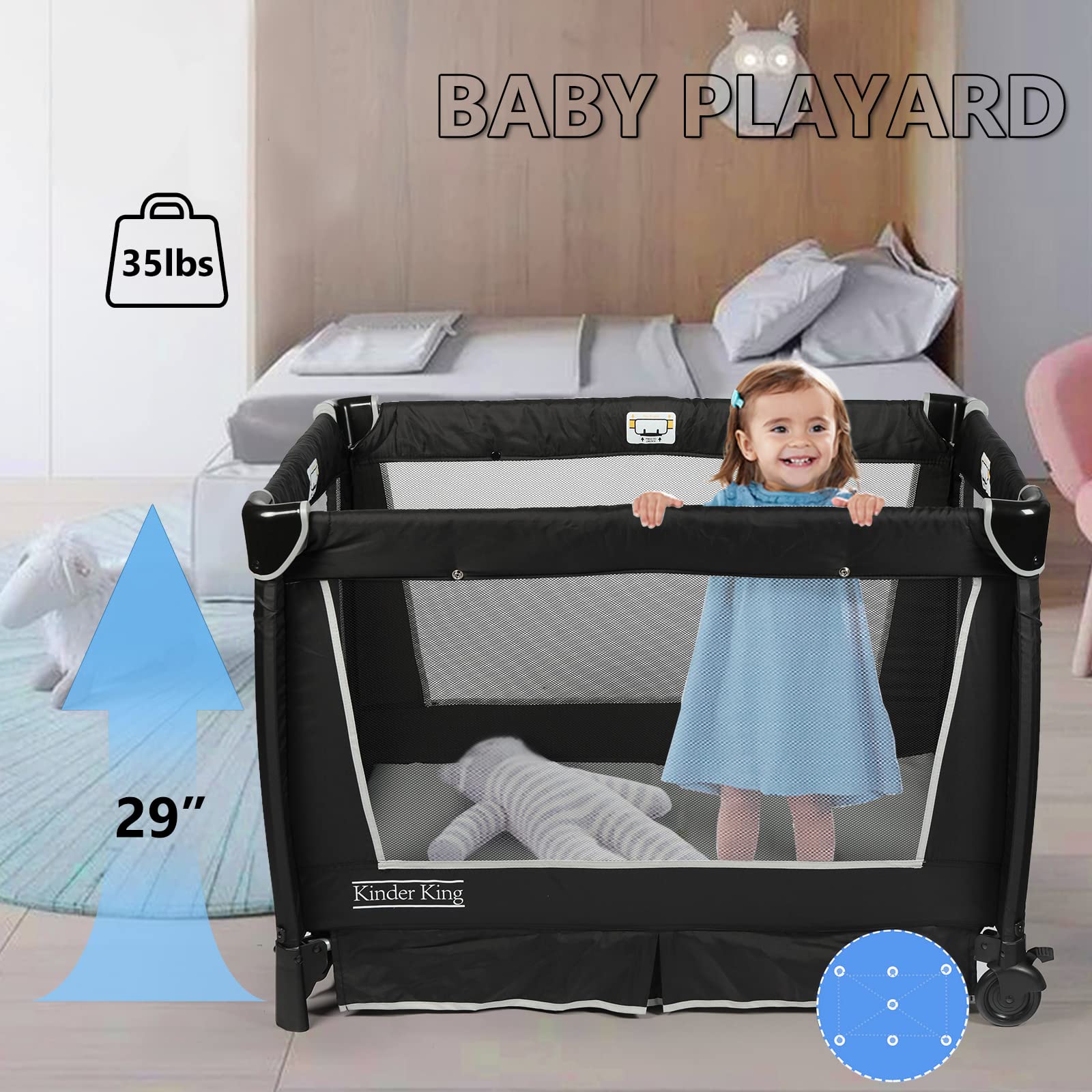 Kinder King 5 in 1 Portable Nursery Center, Foldable Playard for Baby & Toddler, Infant Pack n Play w/Bassinet, Mattress, Newborn Changing Table, Cradle, Travel Bag, Music Box, Storage Basket, Black