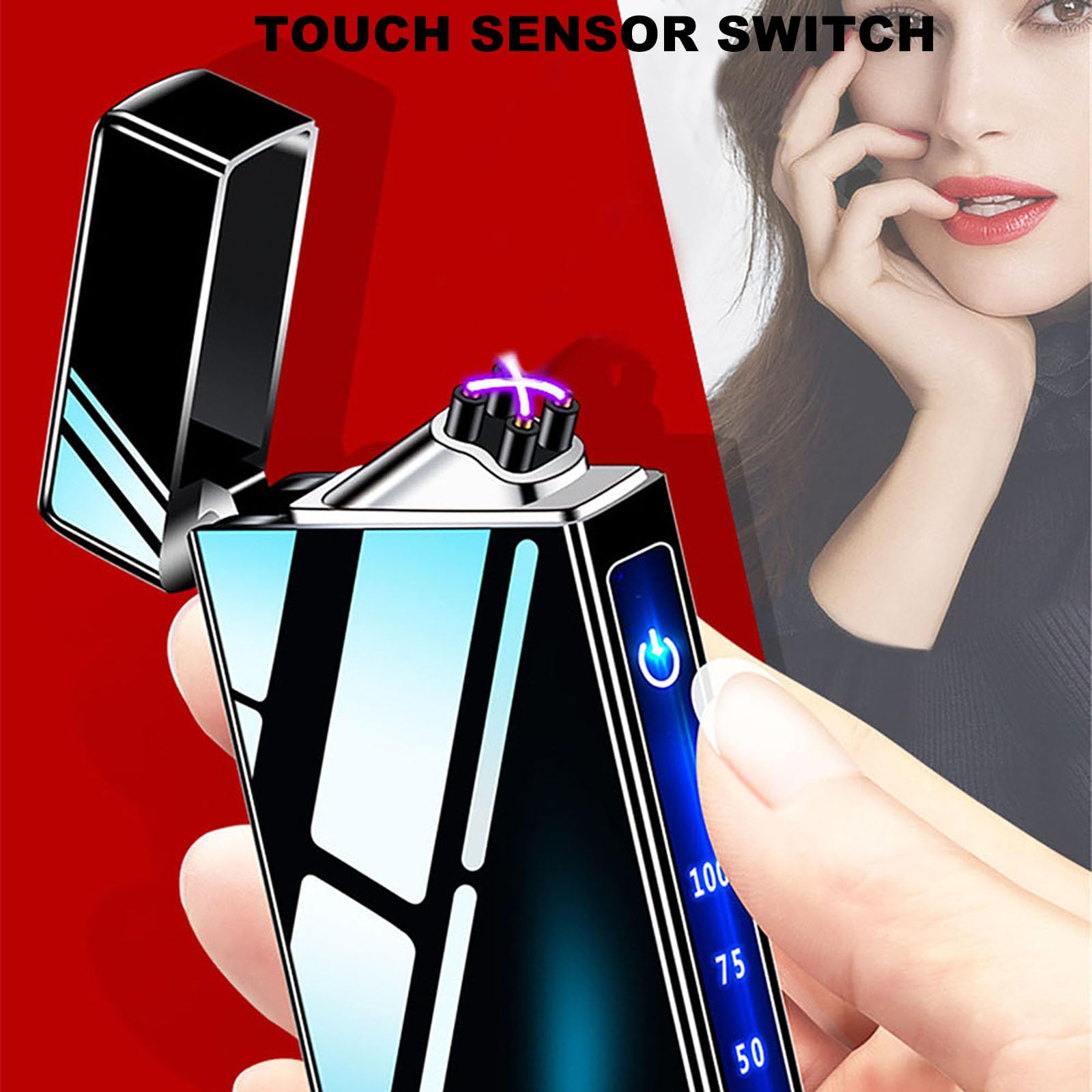 Dual Arc Plasma Lighter Windproof USB Rechargeable Flameless Lighter with LED Battery Indicator and Touch Sensor Switch (ICE Black)