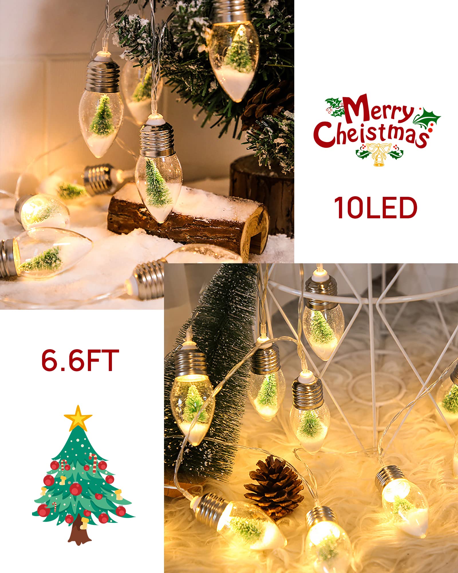 2Pcs Christmas Snow Globe String Lights Indoor Decorations 6.6 FT Battery Operated Powered String Lights for Christmas Tree Snow Scene in 20 Clear Bulbs Decor for Home Bedroom Fireplace Xmas Lights