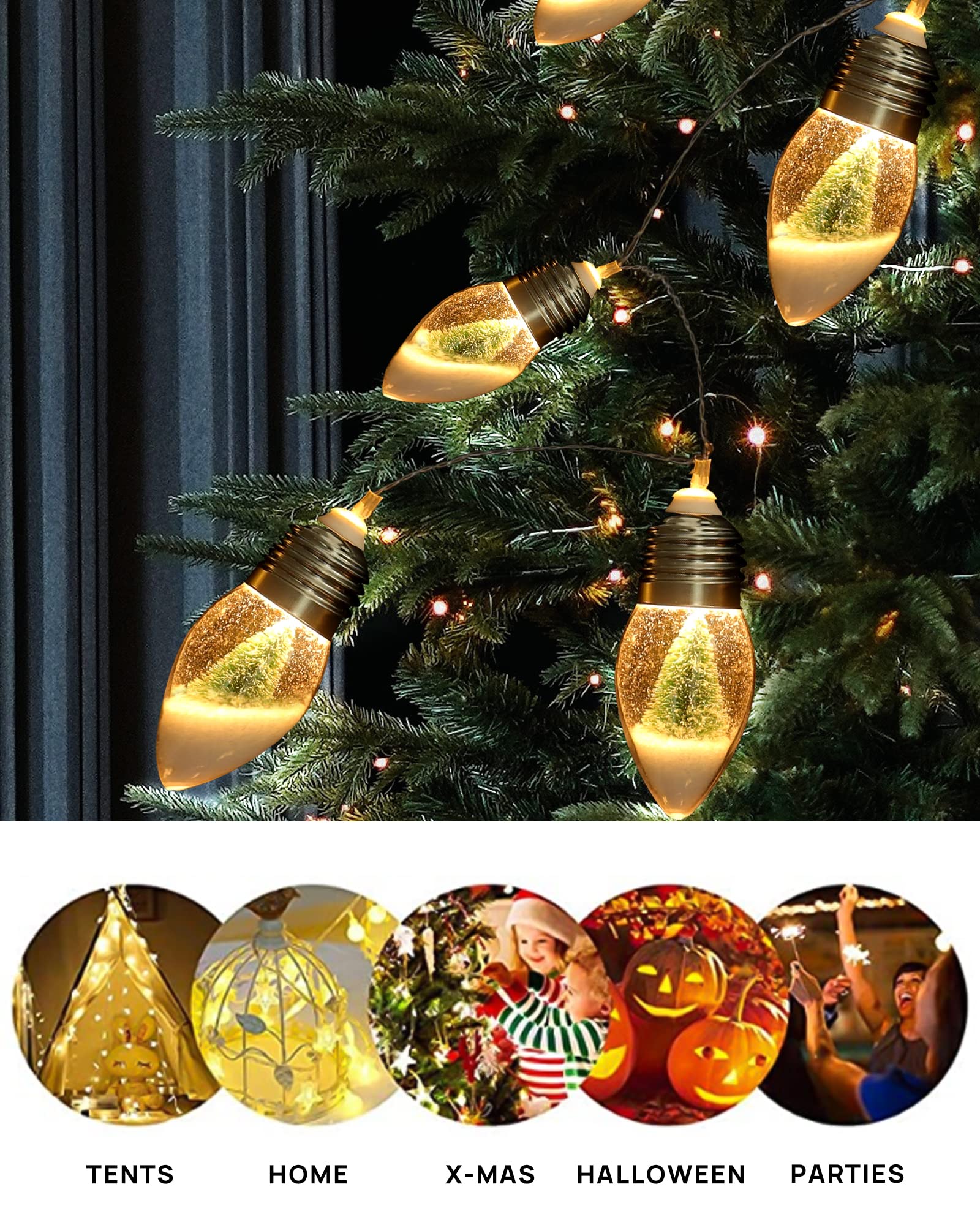 2Pcs Christmas Snow Globe String Lights Indoor Decorations 6.6 FT Battery Operated Powered String Lights for Christmas Tree Snow Scene in 20 Clear Bulbs Decor for Home Bedroom Fireplace Xmas Lights