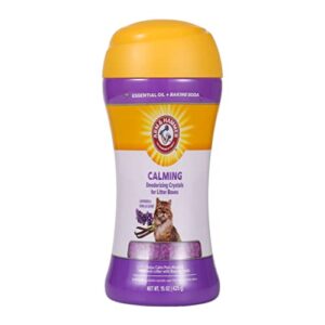 arm & hammer deodorizing cat litter crystals for litter boxes | calming odor neutralizing cat litter odor eliminator in lavender & vanilla scent | litter box odor eliminator, 15 oz