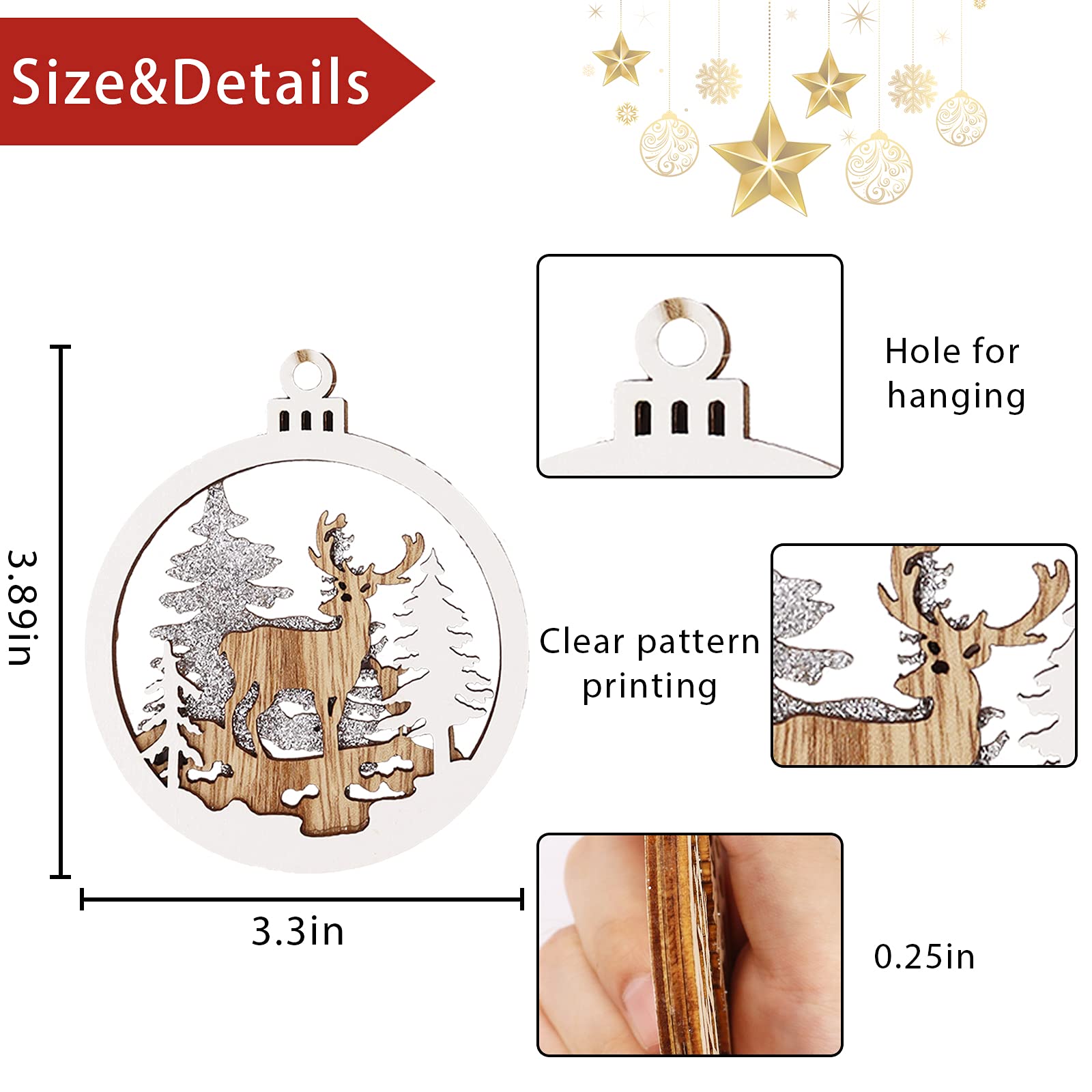 Winter Wonderland Ornaments for Christmas Tree - 6 Pack Christmas Wooden Ornaments for Winter Christmas Holiday Tree Decorations