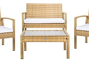 SAFAVIEH Outdoor Collection Bassey Natural/White Cushion 4-Piece Conversation Patio Set PAT7507D