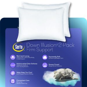 Serta Down Illusion Soft Hypoallergenic Medium/Firm Bed Pillows for Side, Stomach or Back Sleepers (2 Pack), King, White