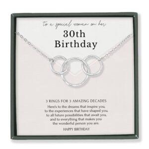 30th Birthday Gift for Women 3 Rings 3 Decade Necklace Meaningful Jewelry for Mom Wife Daughter Sister Best Friend Unique Happy Birthday Card Box Ideas Turning 30-Year-Old Sterling Silver / Gold