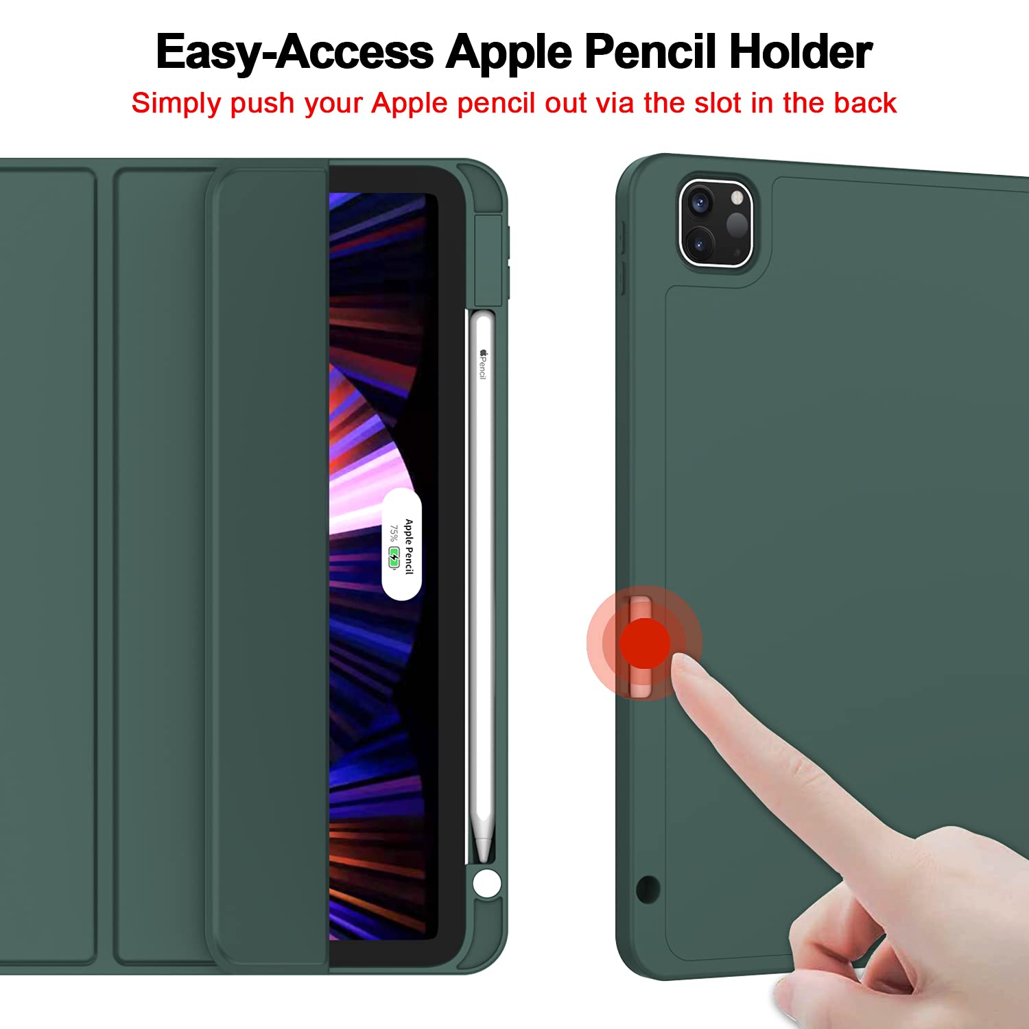 ZryXal New iPad Pro 11 Inch Case 2022(4th Gen)/2021(3rd Gen)/2020(2nd Gen) with Pencil Holder, Smart iPad Case [Support Touch ID and Auto Wake/Sleep] with Auto 2nd Gen Pencil Charging (Midnight Green)