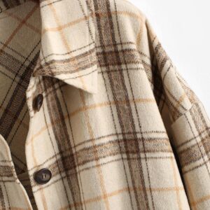 ZAFUL Women's Plaid Long Sleeve Shirt Button Down Wool Blend Thin Jacket Casual Blouse Tops with Pocket