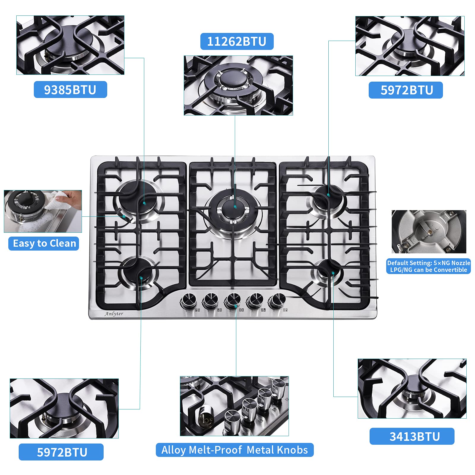 Anlyter 30 Inch Gas Cooktop, 5 Burners Built-in Gas Stove Top Stainless Steel, LPG/NG Convertible Gas Stove Dual Fuel Sealed Gas Hob