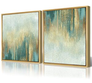 qtespeii abstract wall art gold frame sage teal print paintings vintage linen canvas artwork for bedroom living room minimalist decorations rustic modern home office décor 12"x12" 2 pieces