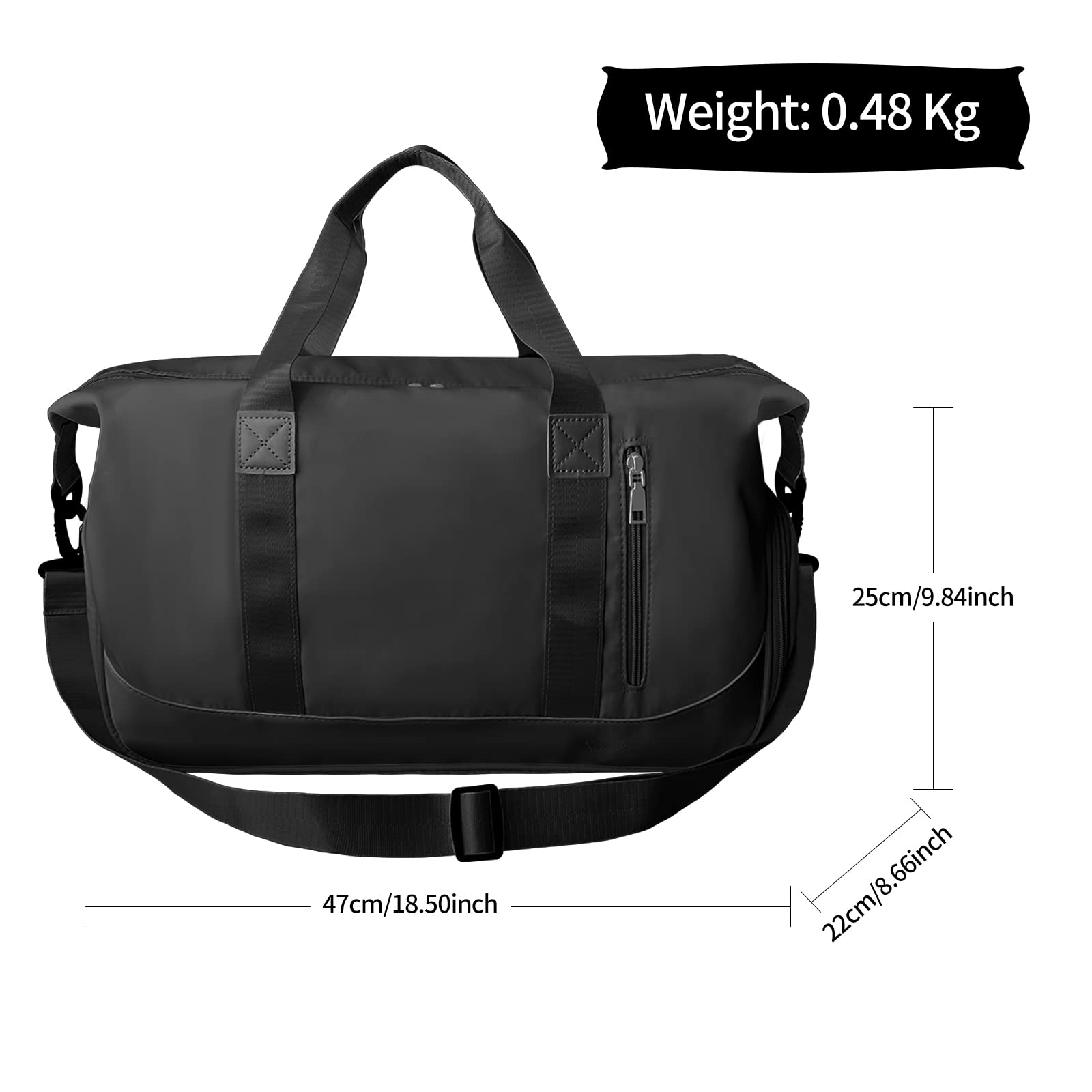 Suruid Sports Gym Bag for Women and Men Travel Duffel Bag Overnight Shoulder Bag Weekender Carry On Workout Bag Portable Sports Tote Bag Lightweight with Shoes Compartment & Wet Pocket (Black)