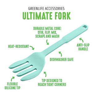 GreenLife Cooking Tools and Utensils, 10-in-1 Silicone Fork to Stir Mix Mash and Scrape, Heat and Stain Resistant, Dishwasher Safe, Turquoise